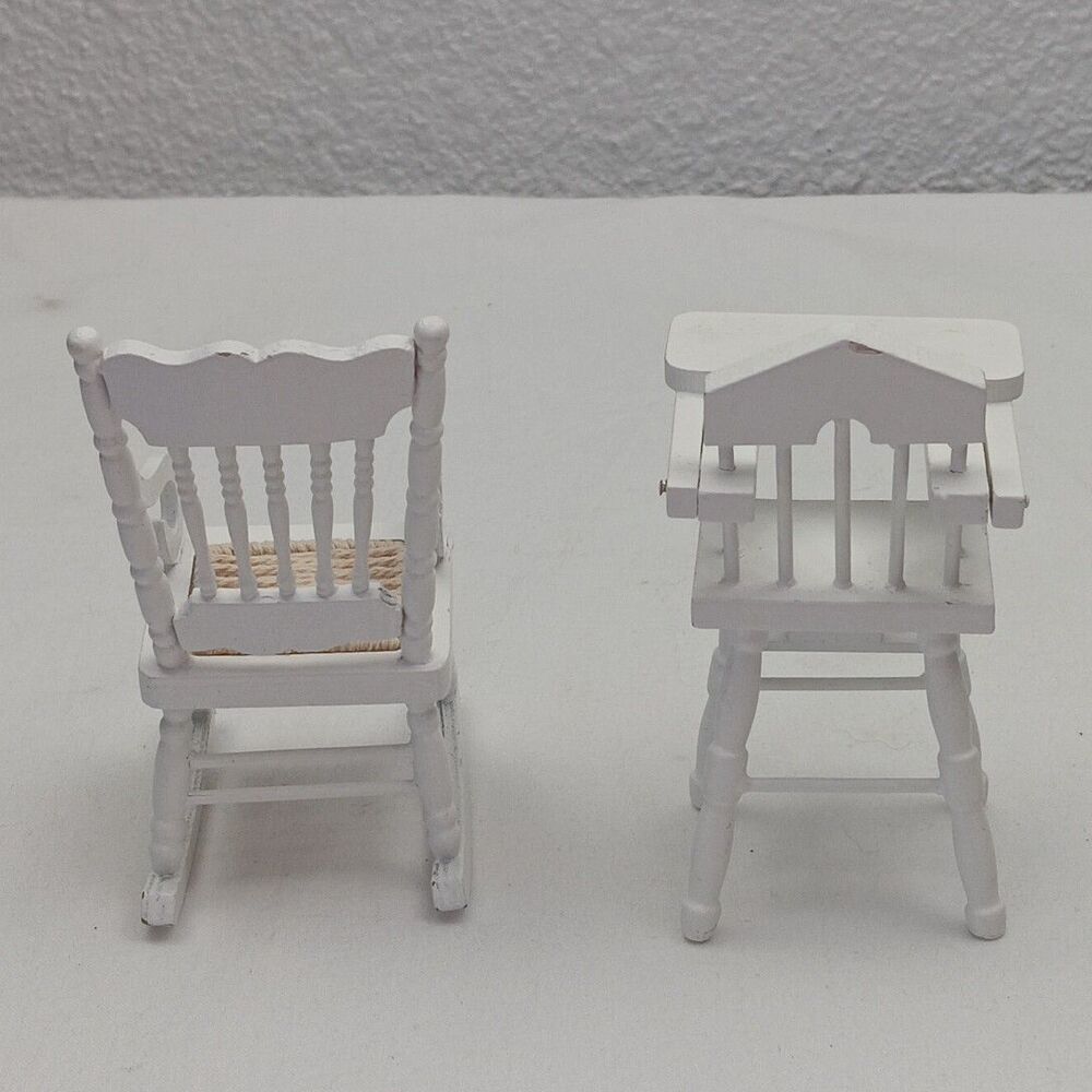 1:12 Dollhouse Mini Furniture High Chair & Classic Rocking Chair White Wood - Picture 5 of 9